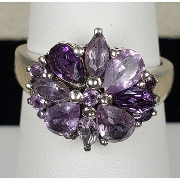 Vintage Purple Amethyst Flower Cocktail Ring 925 Sterling Silver Size 7 - Picture 7 of 16